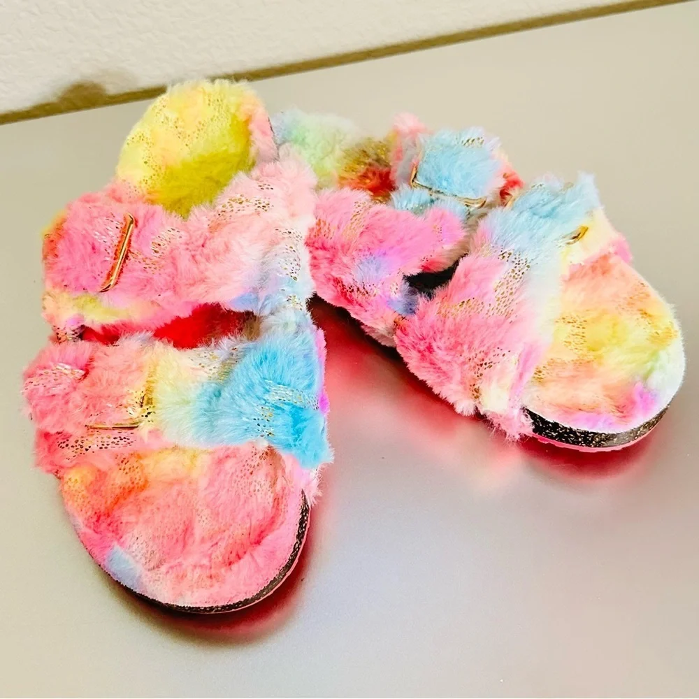 Cozy Pastel Rainbow Fuzzy Double-Strap Slip-On Slides Soft Plush Sandals Sz 4–5